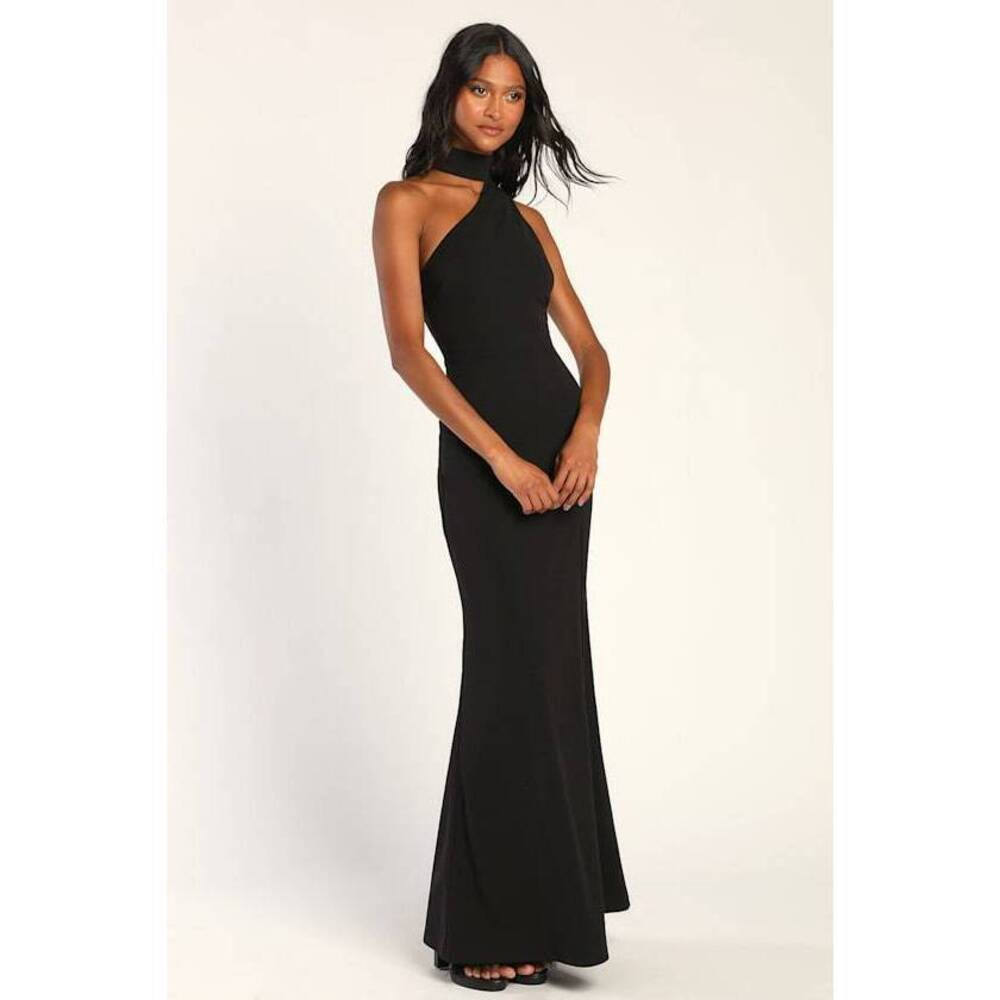 Lulus Keep It Interesting Black Asymmetrical Cutout Halter Maxi Dress - Size M